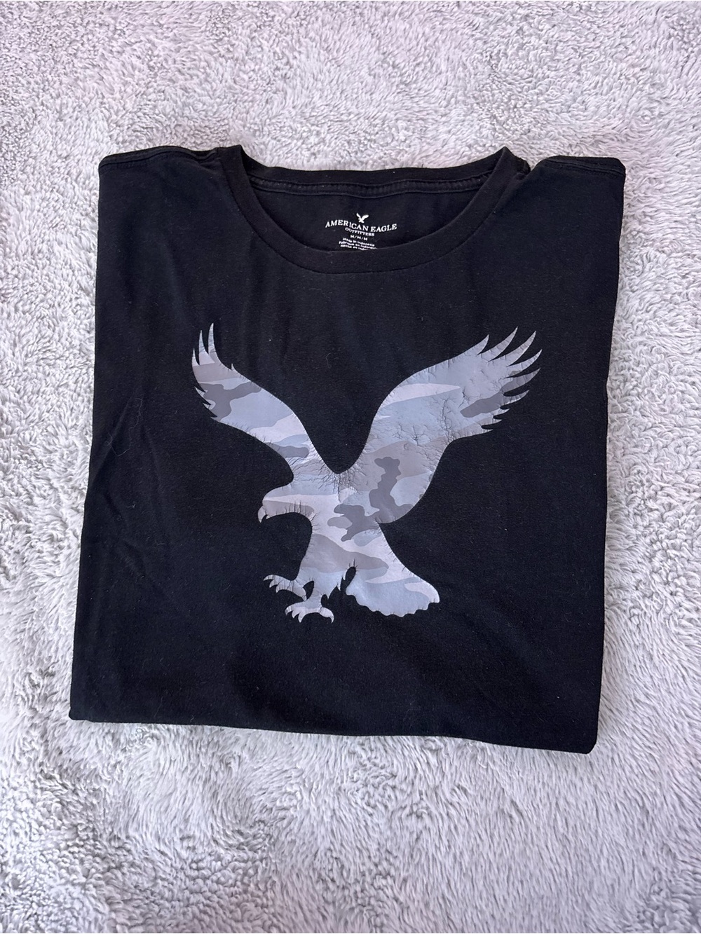 American Eagle Outfitters Black Tee with Gray Camo Eagle Graphic